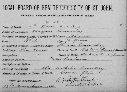 New Brunswick burial permit 1890